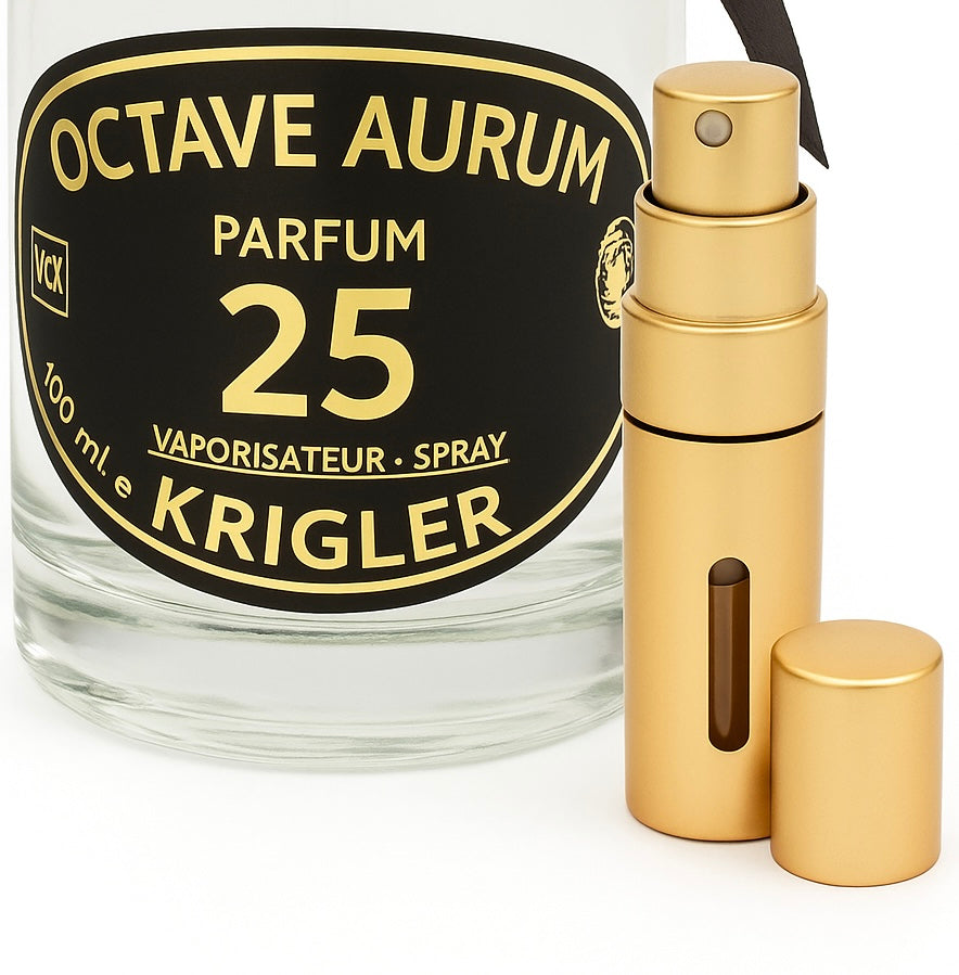 A glass bottle of OCTAVE AURUM 25 perfume with a black label, next to a gold-colored 2ml spray pump.